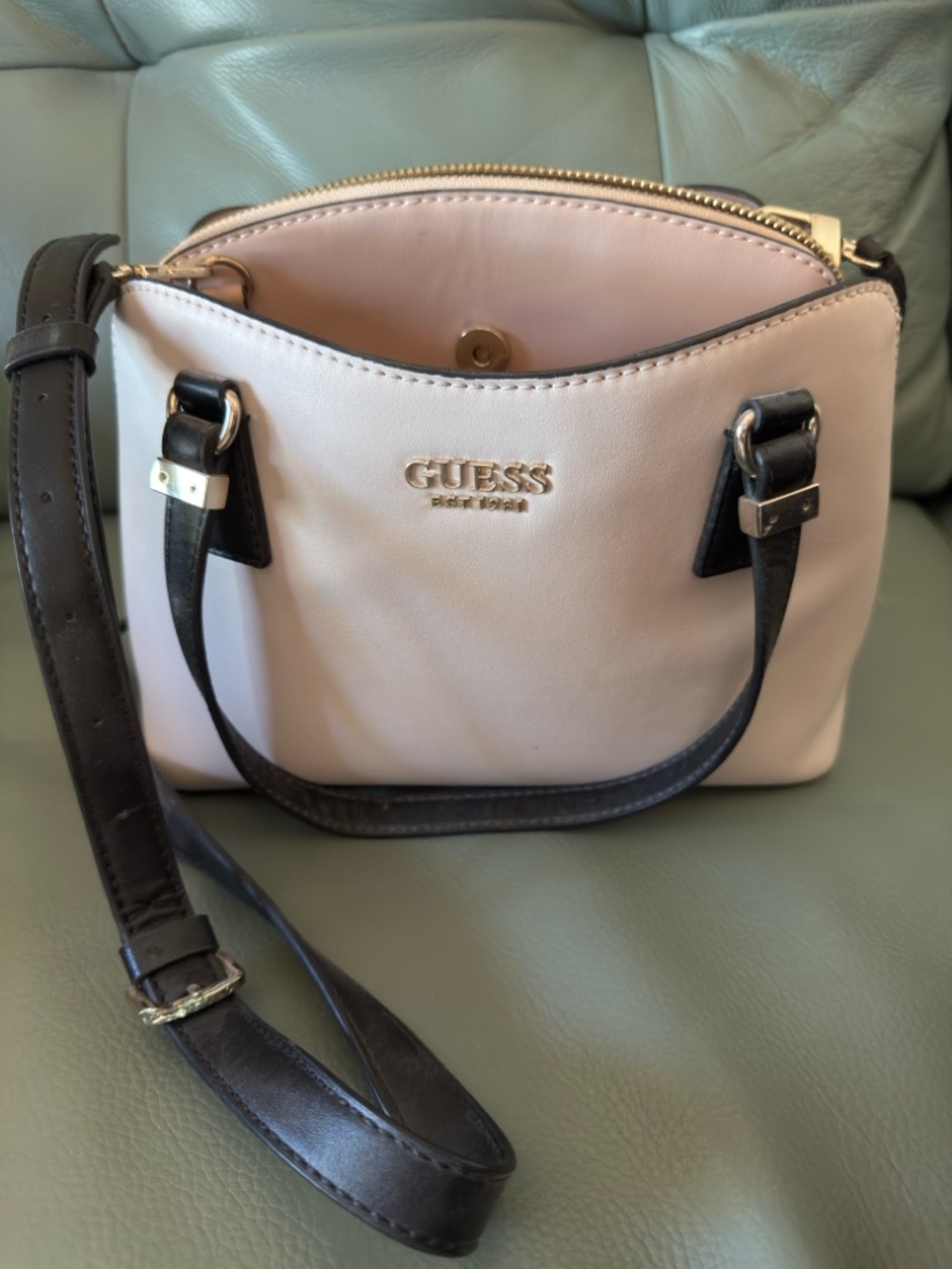 GUESS Lyndi Blush Pink and Black Crossbody Bag with Gold Hardware